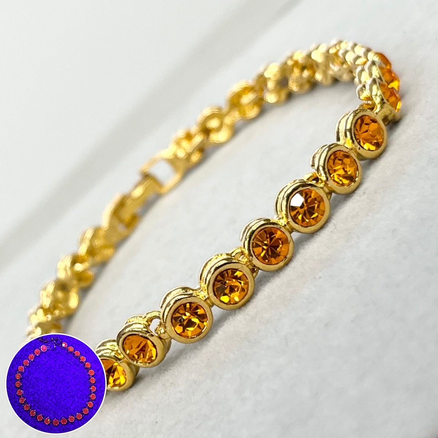 Vintage Orange Cadmium Glass Crystal Tennis Bracelet Gold Tone Metal UV Reactive Glow Jewellery TheGreenGlassGemShop