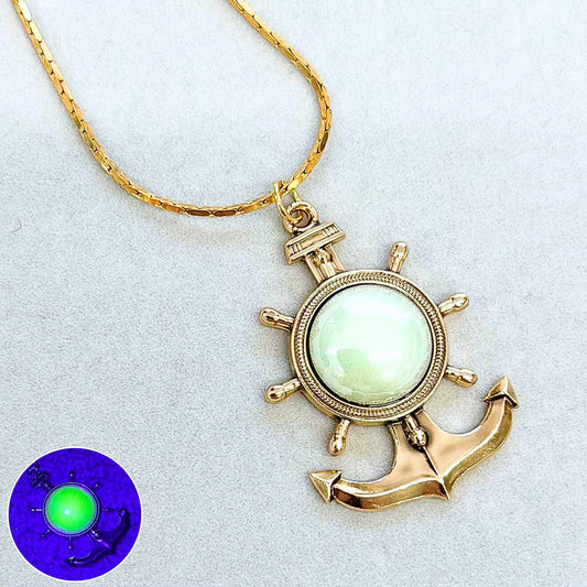 Gold Tone Mint Green Uranium Glass Anchor Pendant & Chain with Vintage Uranium Czech Glass in a Vintage Setting UV Reactive Glow TheGreenGlassGemShop