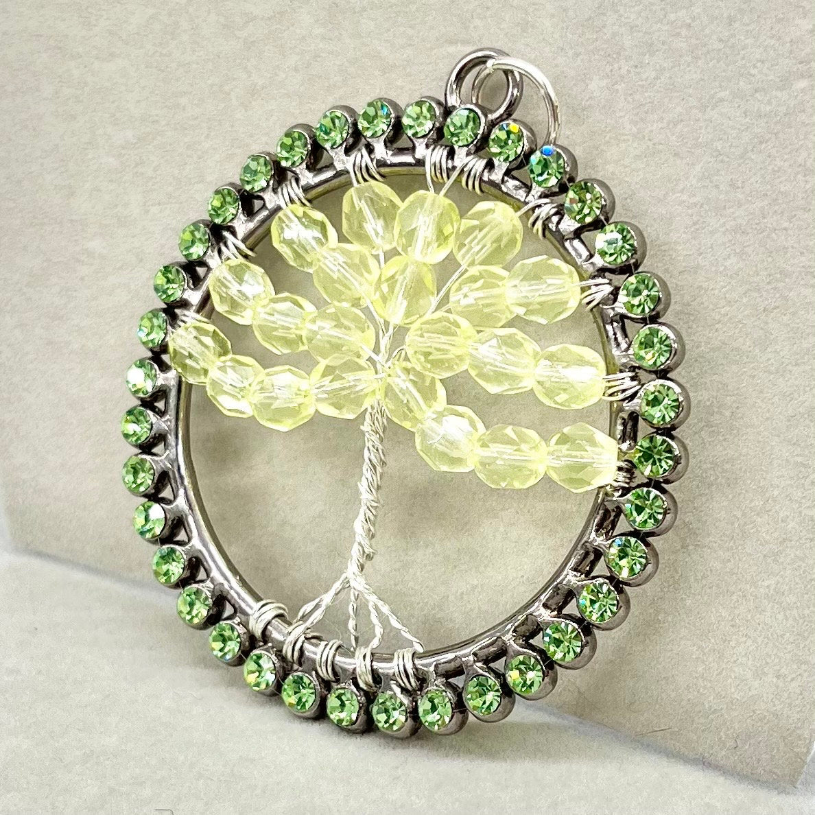 Large Tree Of Life Uranium Beaded Pendant with Uranium Crystals in a Vintage Setting UV Reactive Glow TheGreenGlassGemShop