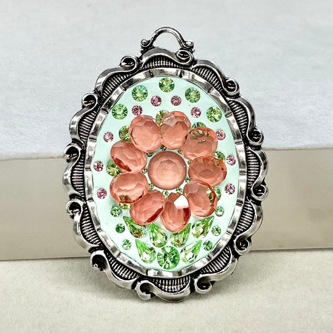 Statement Pink & Green Uranium Flower Pendant with Vintage Uranium Swarovski Crystal Elements in a Silver Tone Setting UV Reactive Glow TheGreenGlassGemShop