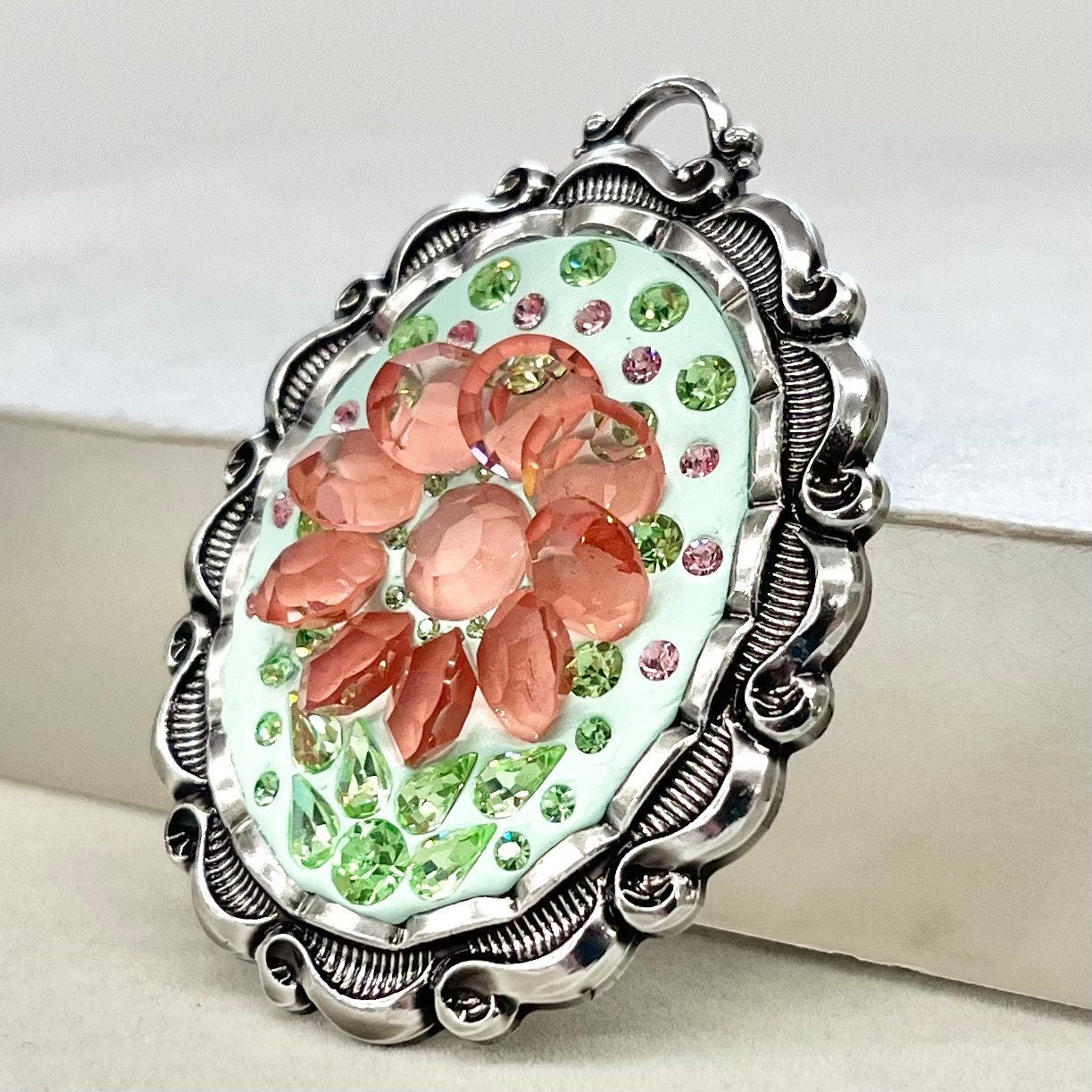 Statement Pink & Green Uranium Flower Pendant with Vintage Uranium Swarovski Crystal Elements in a Silver Tone Setting UV Reactive Glow TheGreenGlassGemShop