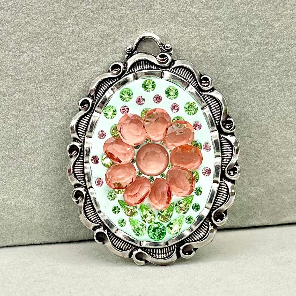 Statement Pink & Green Uranium Flower Pendant with Vintage Uranium Swarovski Crystal Elements in a Silver Tone Setting UV Reactive Glow TheGreenGlassGemShop