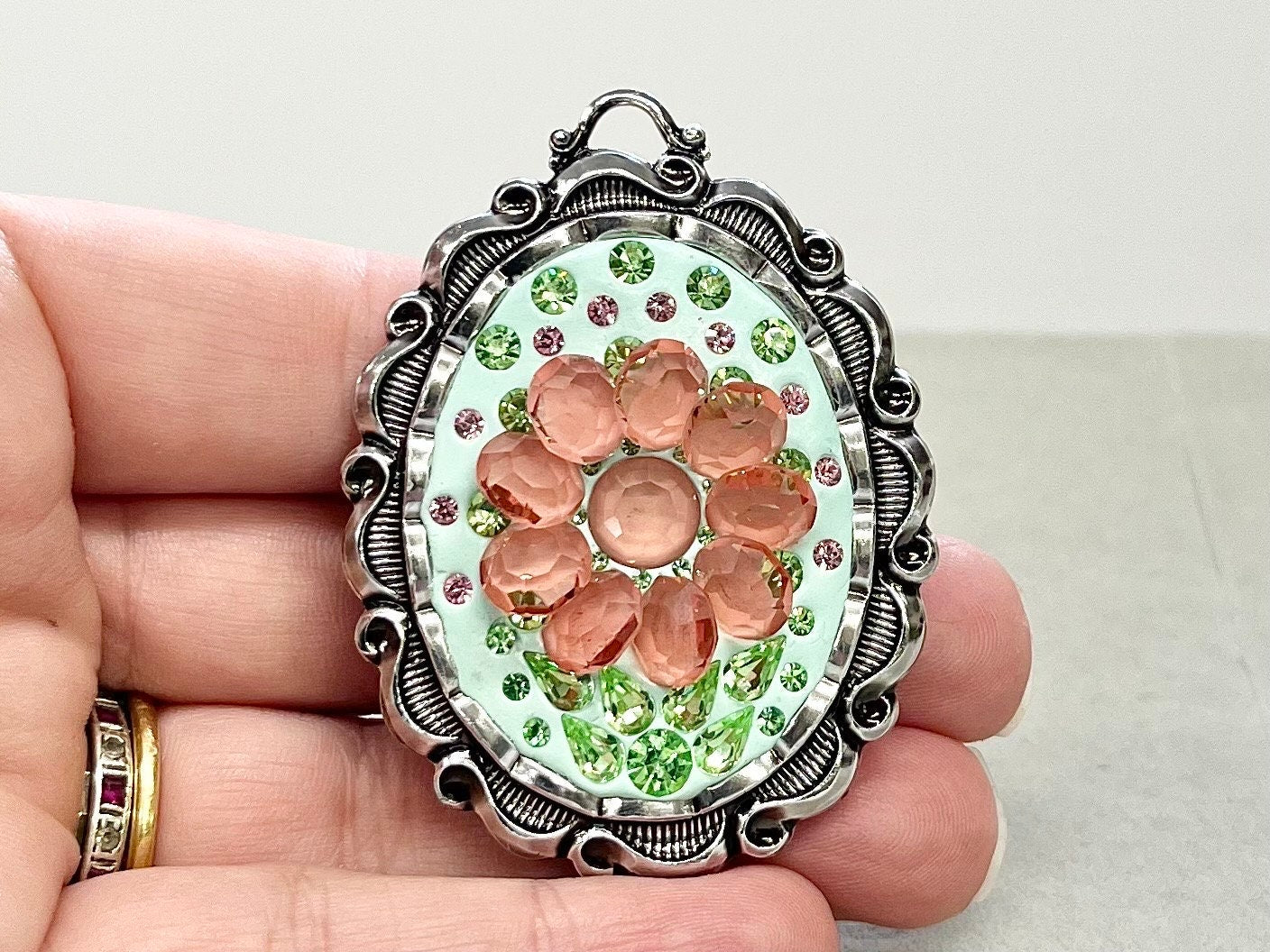 Statement Pink & Green Uranium Flower Pendant with Vintage Uranium Swarovski Crystal Elements in a Silver Tone Setting UV Reactive Glow TheGreenGlassGemShop