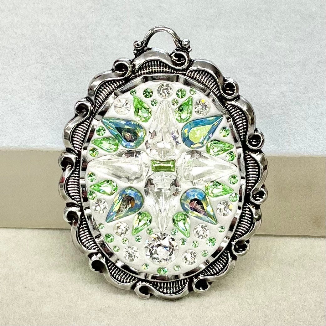 Clear Sparkling& Green Uranium Crystal Pendant with Vintage Uranium Swarovski Crystal Elements in a Silver Tone Setting UV Reactive Glow TheGreenGlassGemShop