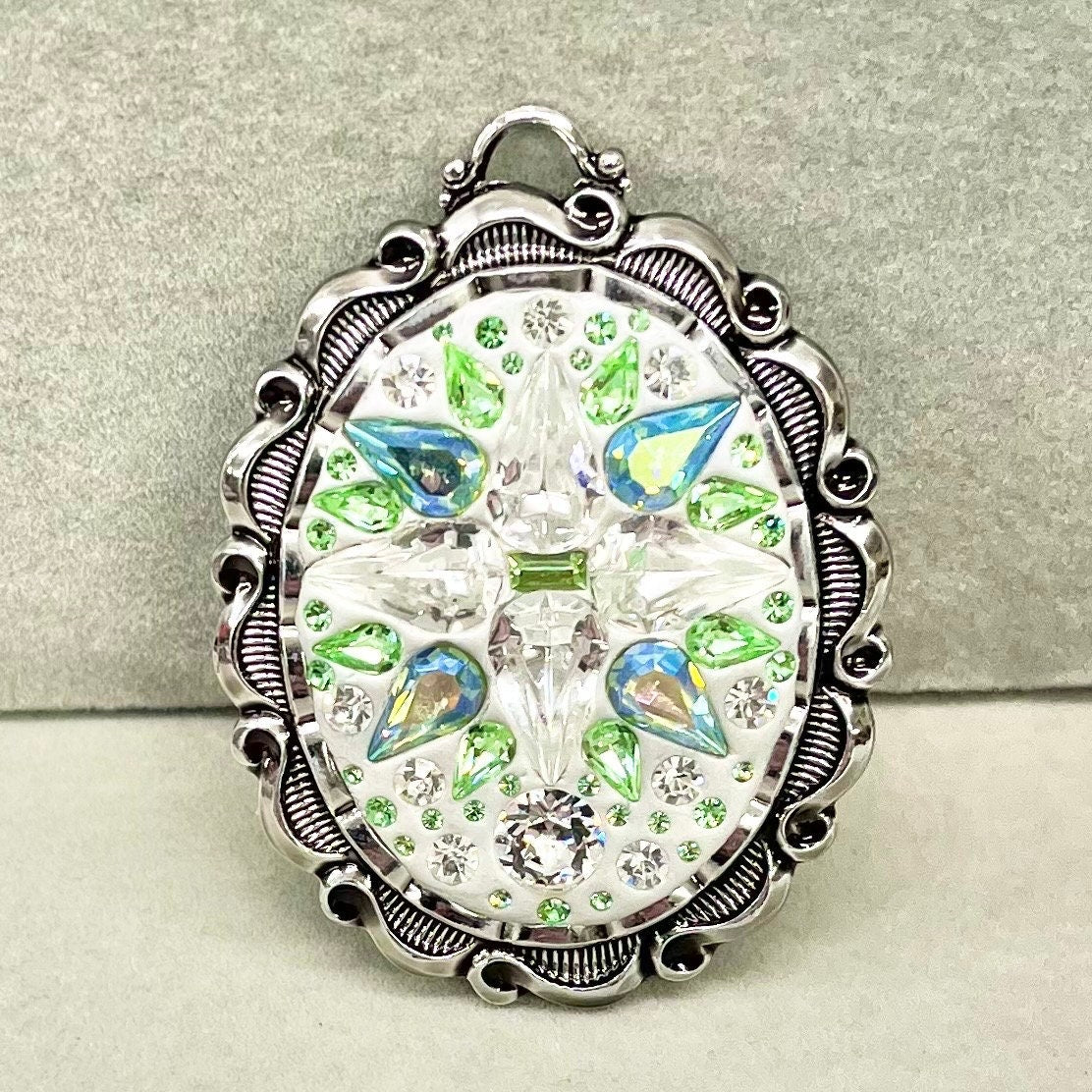 Clear Sparkling& Green Uranium Crystal Pendant with Vintage Uranium Swarovski Crystal Elements in a Silver Tone Setting UV Reactive Glow TheGreenGlassGemShop