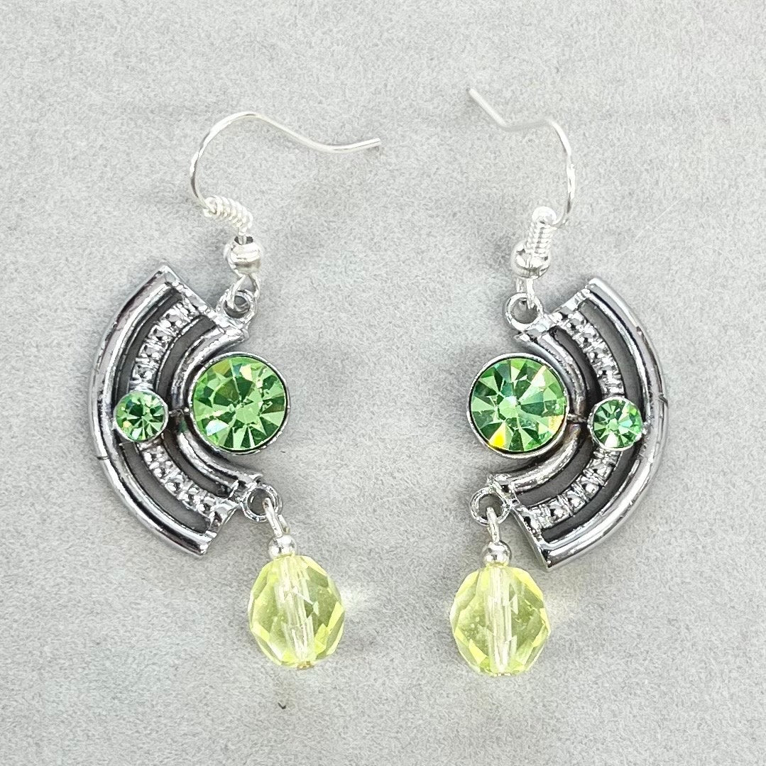 Curved Art Deco Style Uranium Glass Green Crystal Drop Earrings UV Reactive Glow TheGreenGlassGemShop