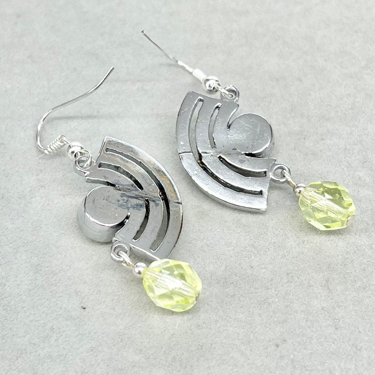 Curved Art Deco Style Uranium Glass Green Crystal Drop Earrings UV Reactive Glow TheGreenGlassGemShop