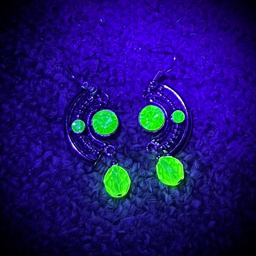 Curved Art Deco Style Uranium Glass Green Crystal Drop Earrings UV Reactive Glow TheGreenGlassGemShop