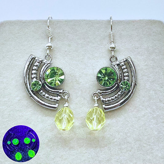 Curved Art Deco Style Uranium Glass Green Crystal Drop Earrings UV Reactive Glow TheGreenGlassGemShop