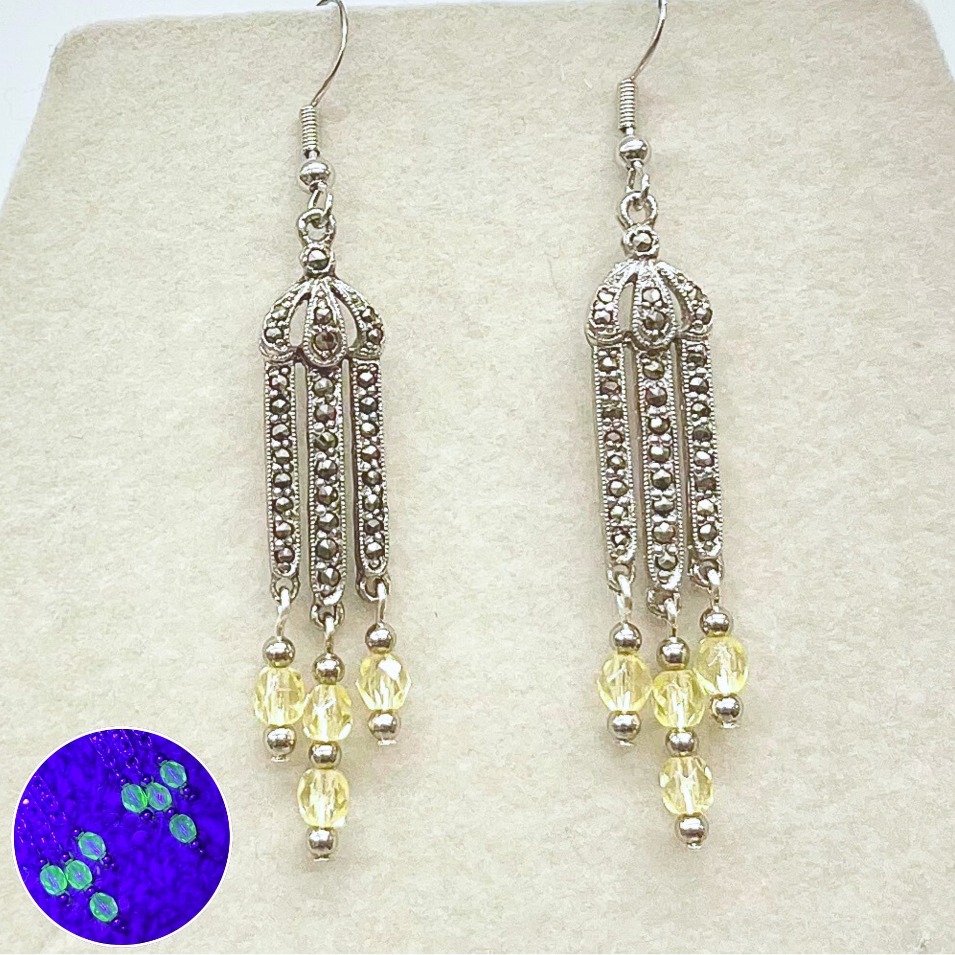 Long Art Deco Style Uranium Glass Green Crystal Drop Earrings UV Reactive Glow TheGreenGlassGemShop