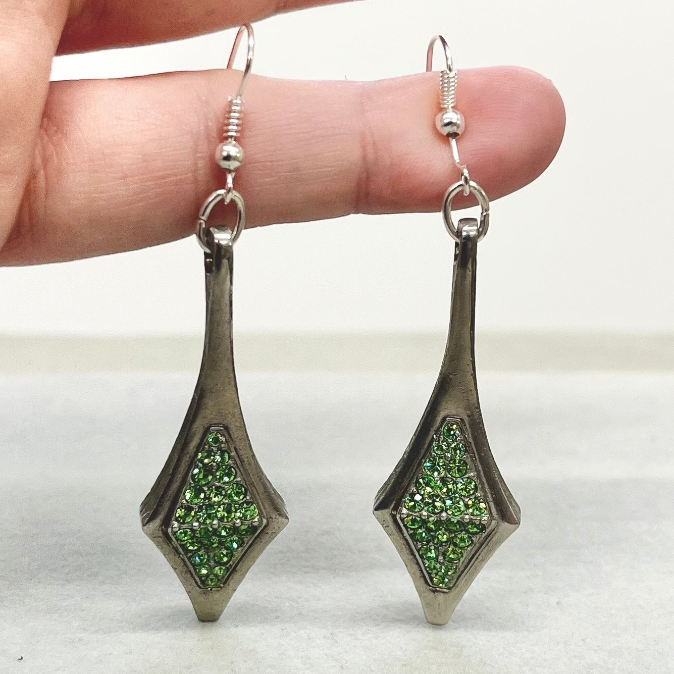 Long Diamond Drop Art Deco Style Uranium Glass Green Crystal Earrings UV Reactive Glow TheGreenGlassGemShop