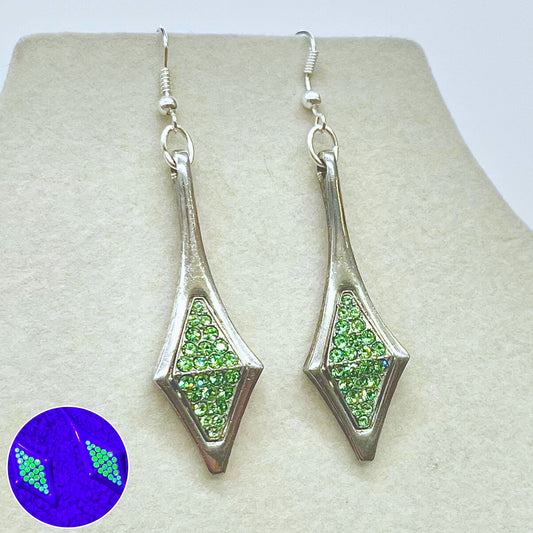 Long Diamond Drop Art Deco Style Uranium Glass Green Crystal Earrings UV Reactive Glow TheGreenGlassGemShop