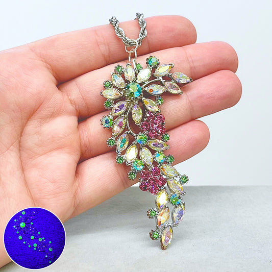 Stunning Statement Floral Pendant with Pink & Green Uranium Crystals in a Vintage Setting UV Reactive Glow TheGreenGlassGemShop