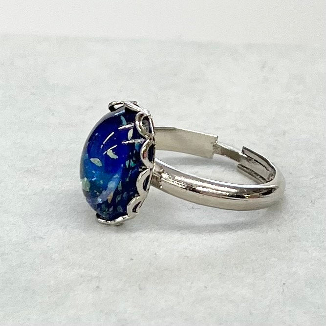 Vintage Oval Czech Glass Cabochon Ring Blue Dichroic Glass Adjustable Size Silver Plated TheGreenGlassGemShop