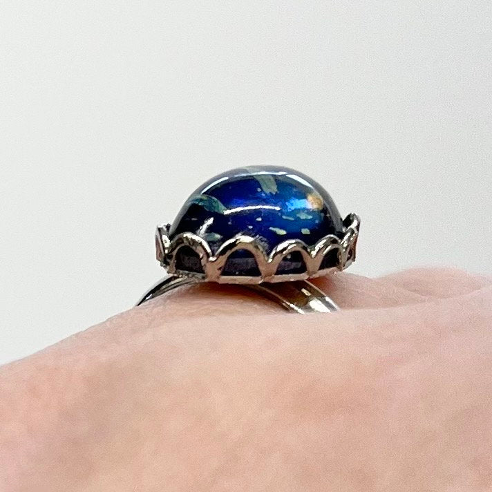 Vintage Oval Czech Glass Cabochon Ring Blue Dichroic Glass Adjustable Size Silver Plated TheGreenGlassGemShop