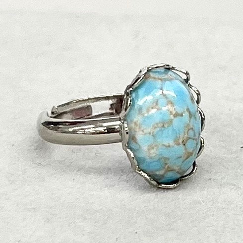 Vintage Oval Czech Glass Cabochon Ring Blue Tuquoise Matrix Glass Adjustable Size Silver Plated TheGreenGlassGemShop