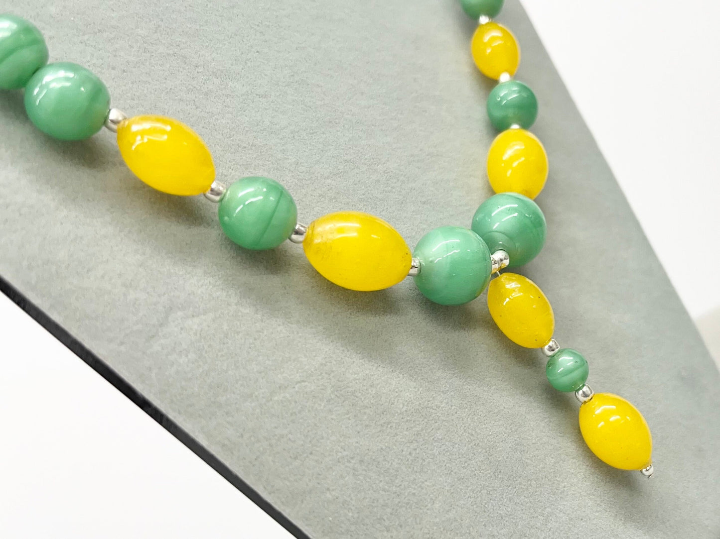 Vintage Yellow & Green Uranium Satin Glass Bead Drop Necklace Bright Green UV Reactive Glowing Jewellery TheGreenGlassGemShop