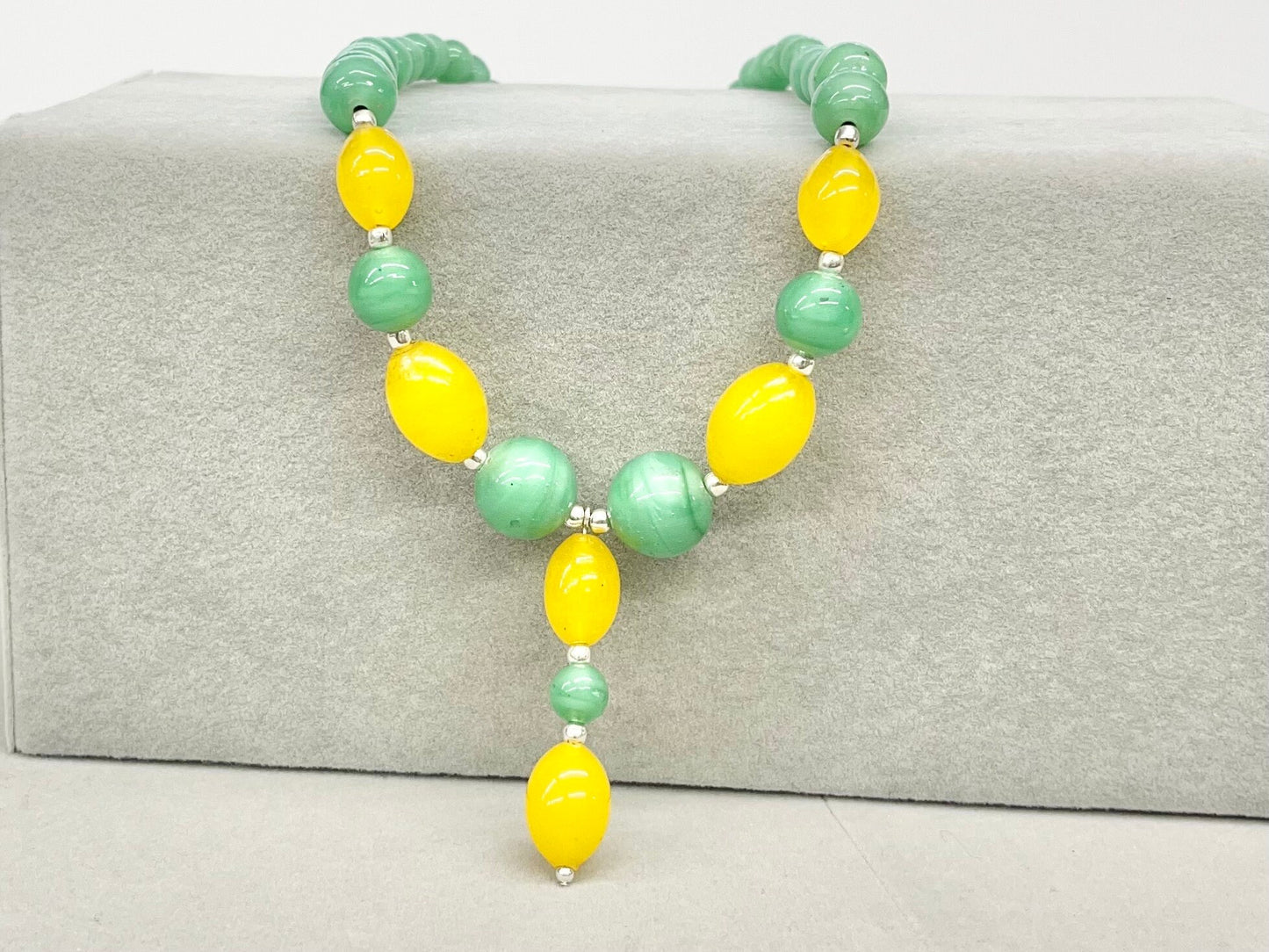 Vintage Yellow & Green Uranium Satin Glass Bead Drop Necklace Bright Green UV Reactive Glowing Jewellery TheGreenGlassGemShop