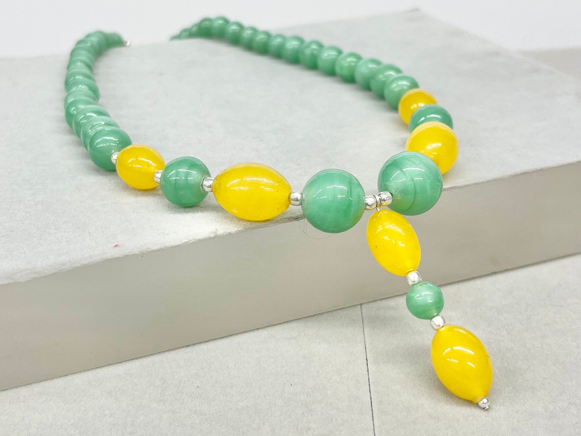 Vintage Yellow & Green Uranium Satin Glass Bead Drop Necklace Bright Green UV Reactive Glowing Jewellery TheGreenGlassGemShop