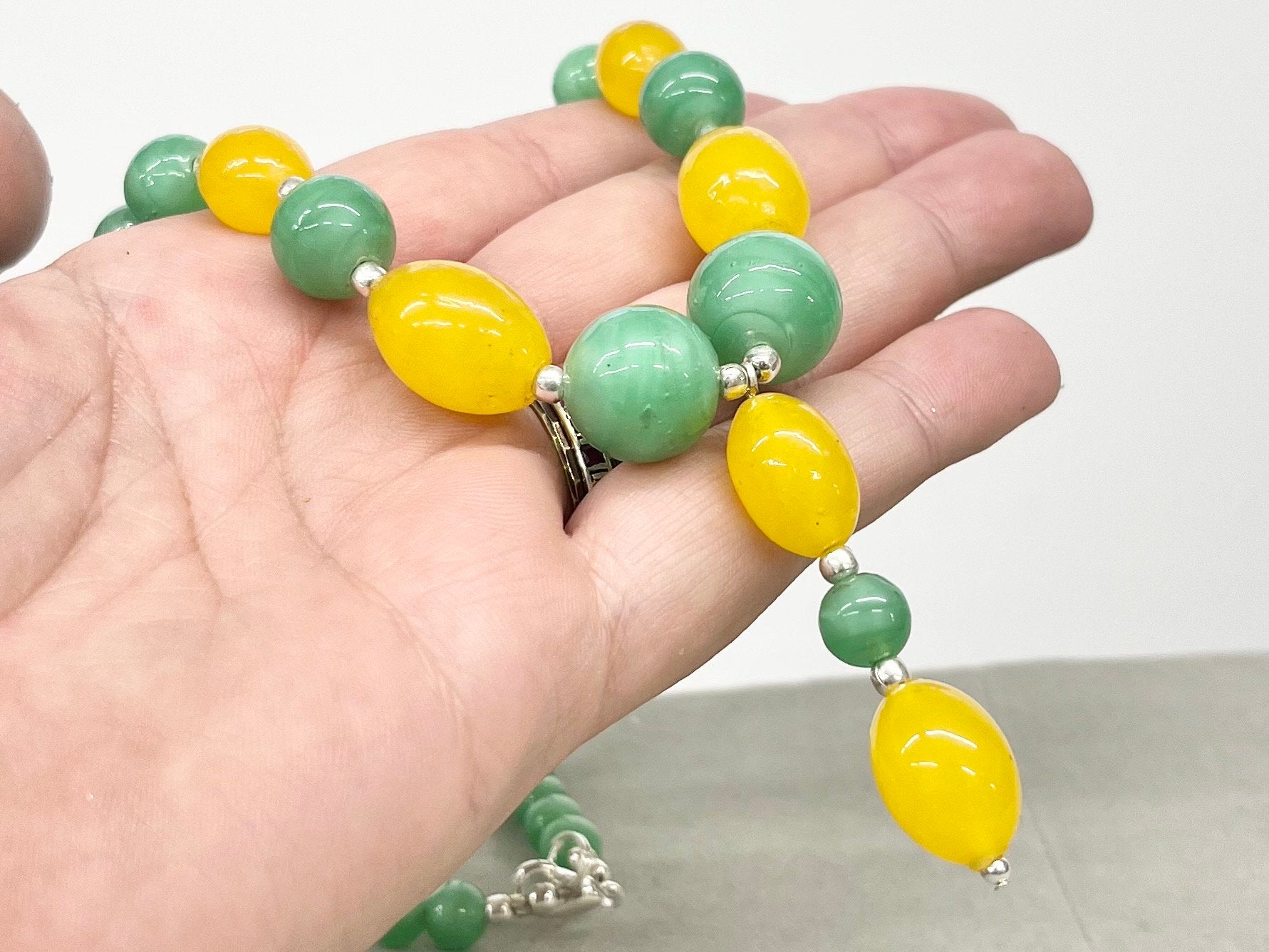 Vintage Yellow & Green Uranium Satin Glass Bead Drop Necklace Bright Green UV Reactive Glowing Jewellery TheGreenGlassGemShop