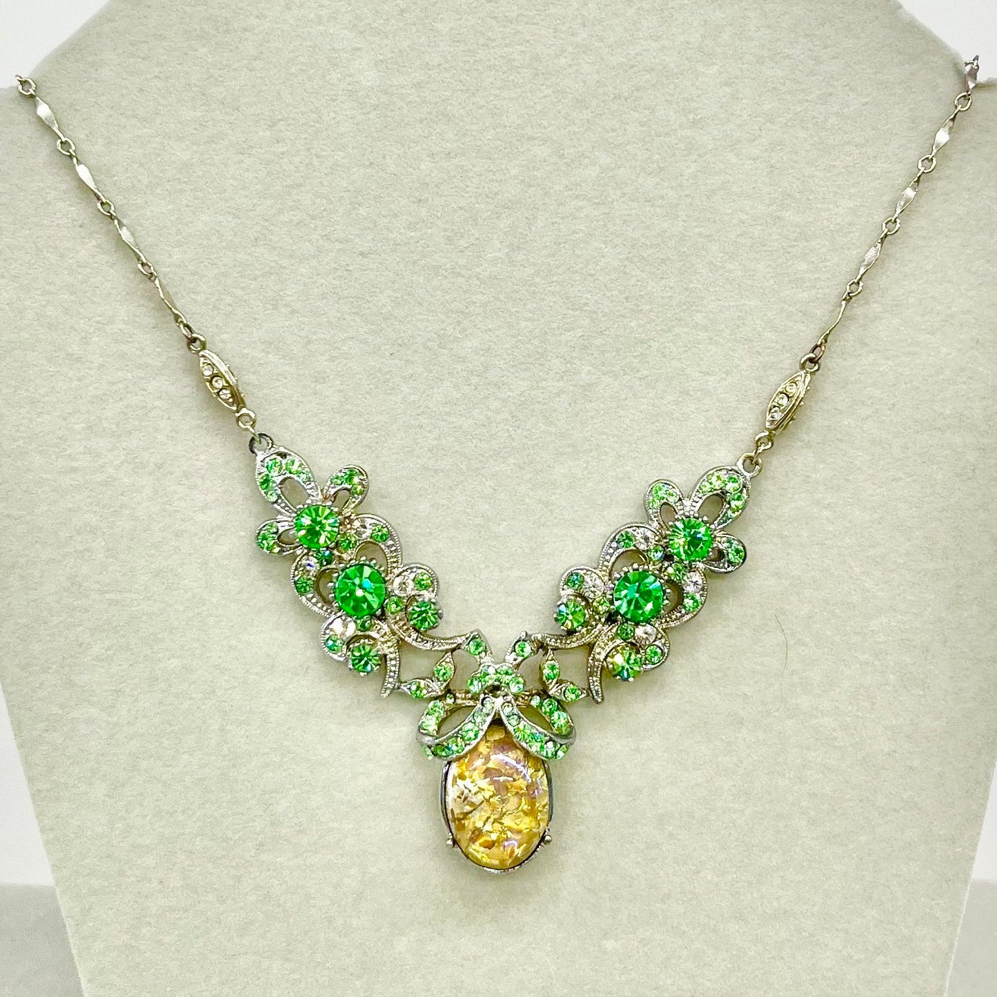 Victorian Style Green Uranium Crystal Necklace with a Gold Dichroic Cabochon Green UV Reactive Glowing Statement Jewellery TheGreenGlassGemShop