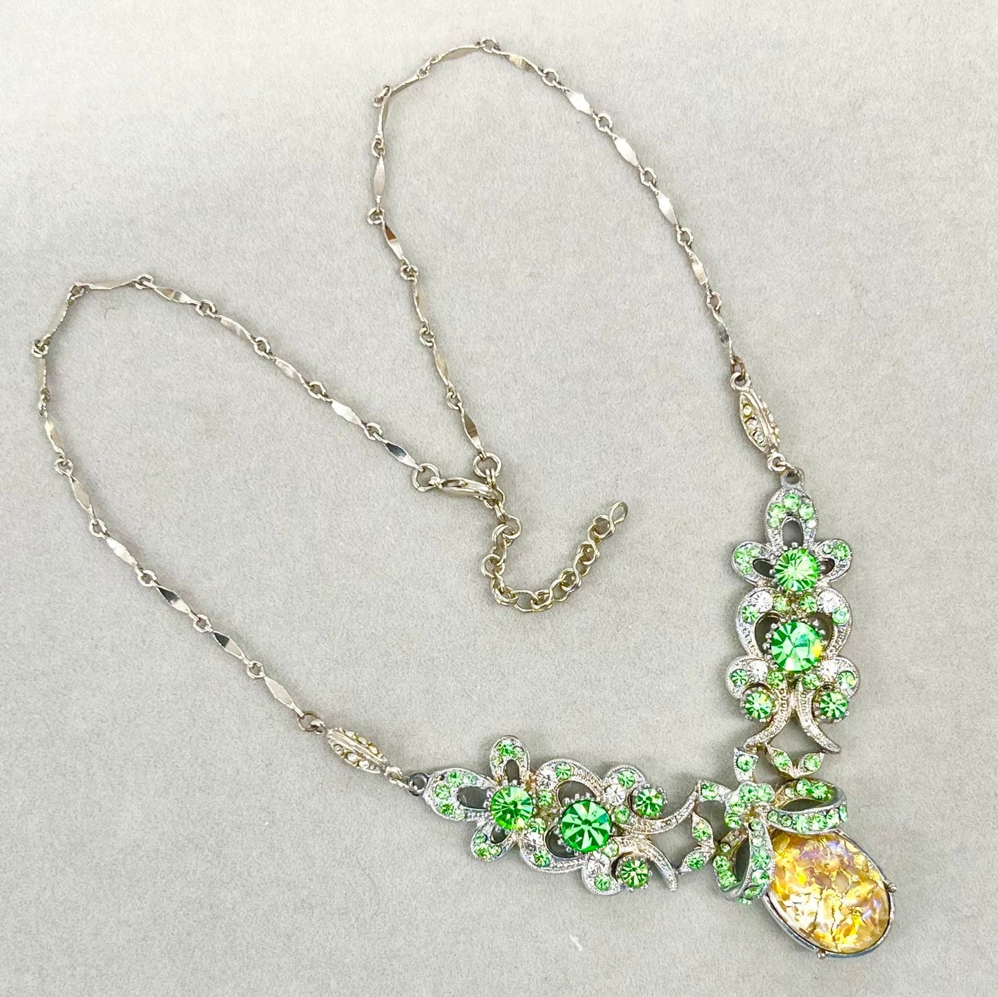 Victorian Style Green Uranium Crystal Necklace with a Gold Dichroic Cabochon Green UV Reactive Glowing Statement Jewellery TheGreenGlassGemShop