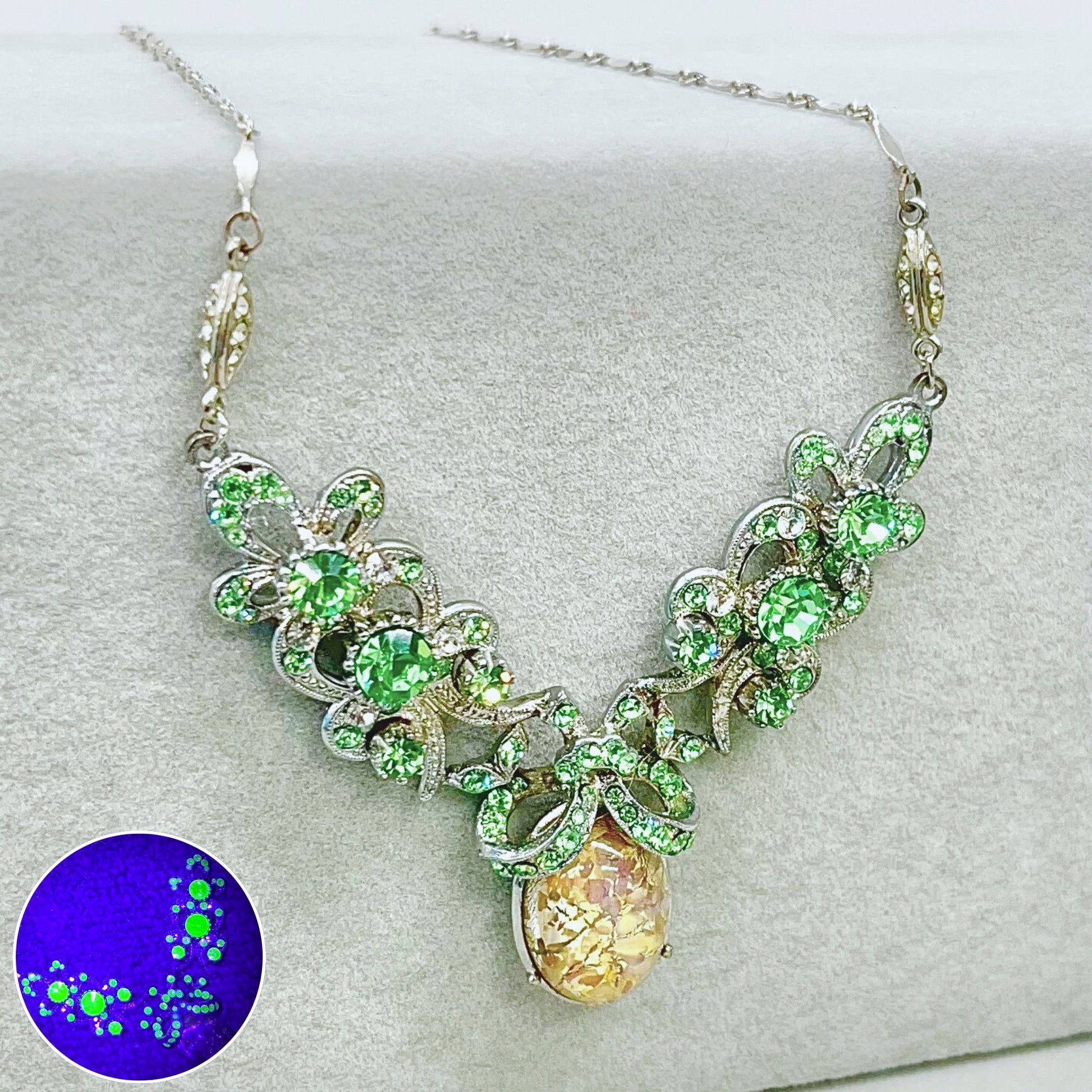 Victorian Style Green Uranium Crystal Necklace with a Gold Dichroic Cabochon Green UV Reactive Glowing Statement Jewellery TheGreenGlassGemShop