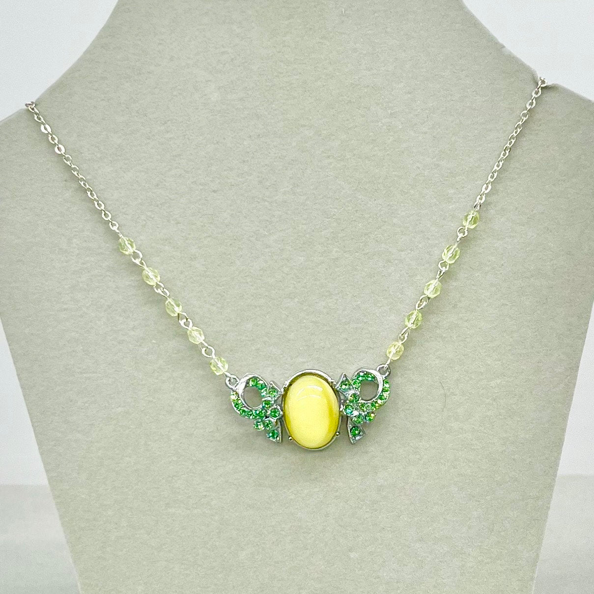 Victorian Style Green Uranium Crystal Necklace with a Yellow Czech Cabochon Green UV Reactive Glowing Statement Jewellery TheGreenGlassGemShop