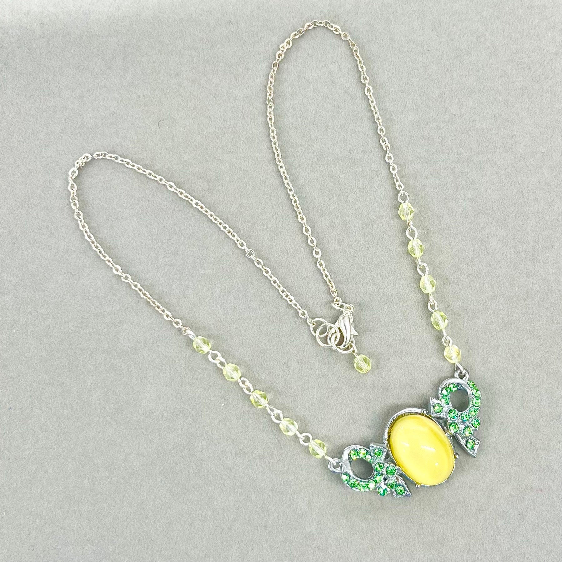 Victorian Style Green Uranium Crystal Necklace with a Yellow Czech Cabochon Green UV Reactive Glowing Statement Jewellery TheGreenGlassGemShop