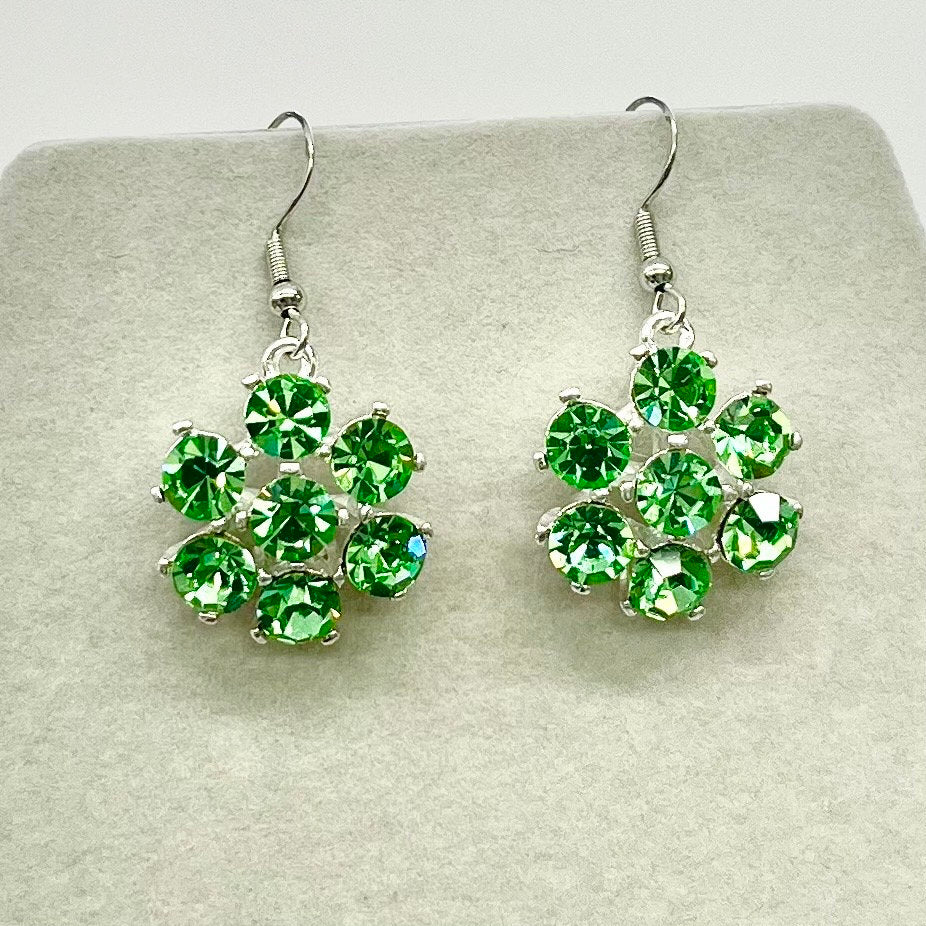 Vintage Uranium Glass Crystal Flower Drop Earrings UV Reactive Glow with Vintage Swarovski Crystals TheGreenGlassGemShop