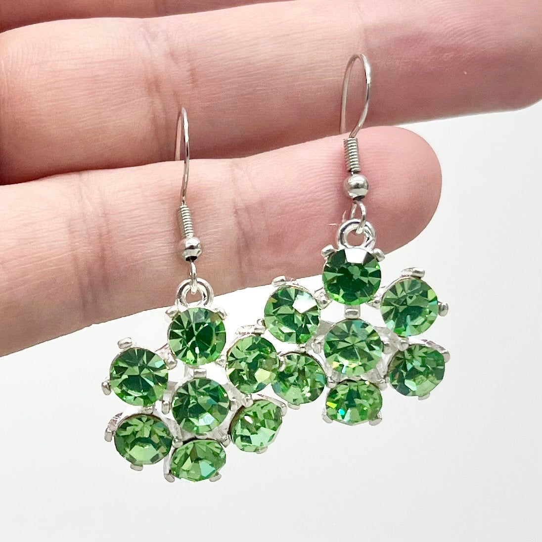 Vintage Uranium Glass Crystal Flower Drop Earrings UV Reactive Glow with Vintage Swarovski Crystals TheGreenGlassGemShop