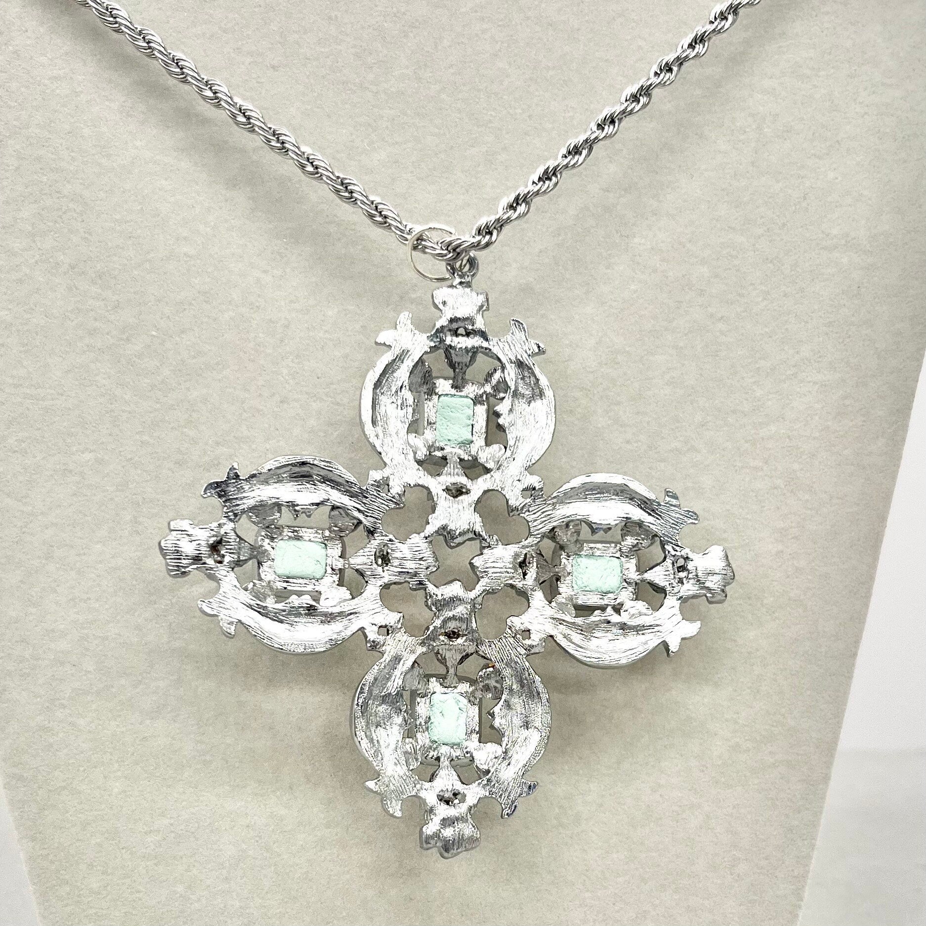 Huge Cross Style Uranium Crystal Pendant with Uranium Crystals in a Vintage Silver Tone Setting UV Reactive Glow Statement Jewellery 18” TheGreenGlassGemShop