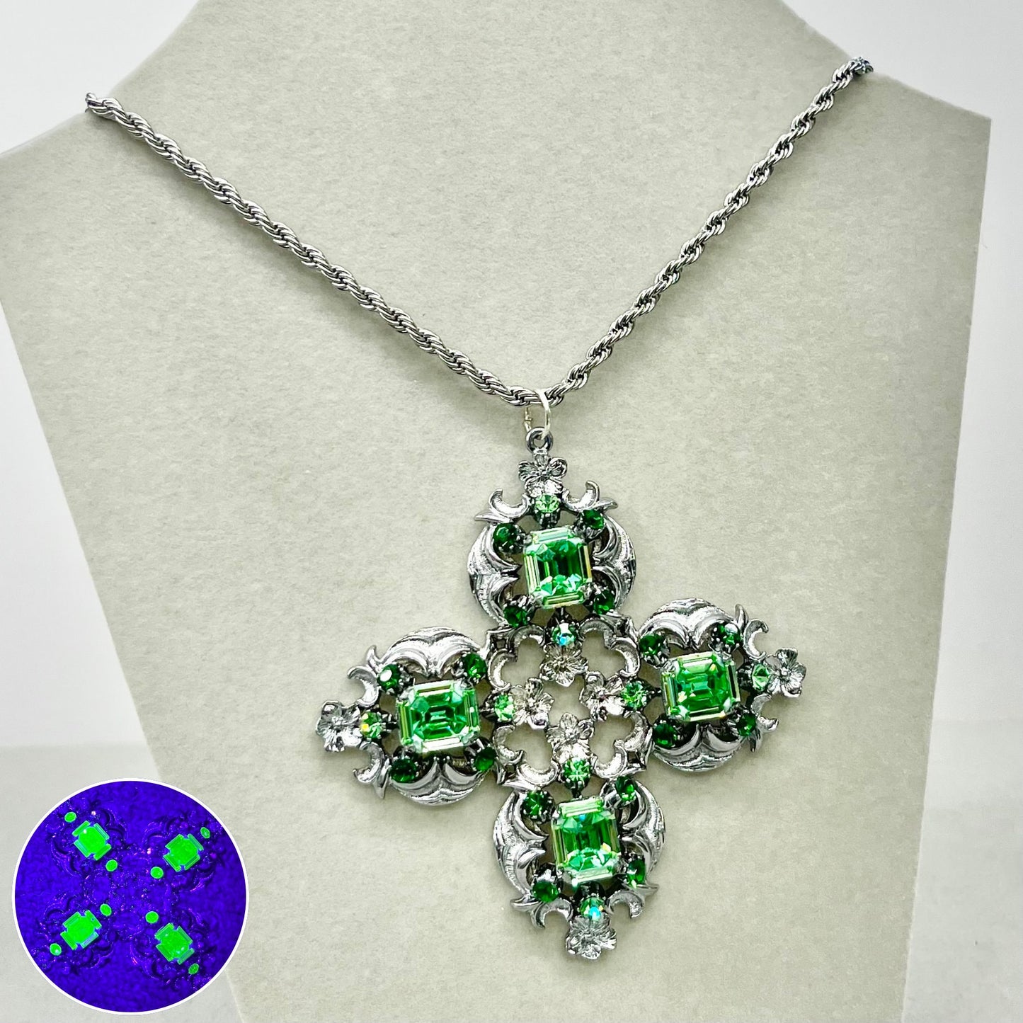 Huge Cross Style Uranium Crystal Pendant with Uranium Crystals in a Vintage Silver Tone Setting UV Reactive Glow Statement Jewellery 18” TheGreenGlassGemShop