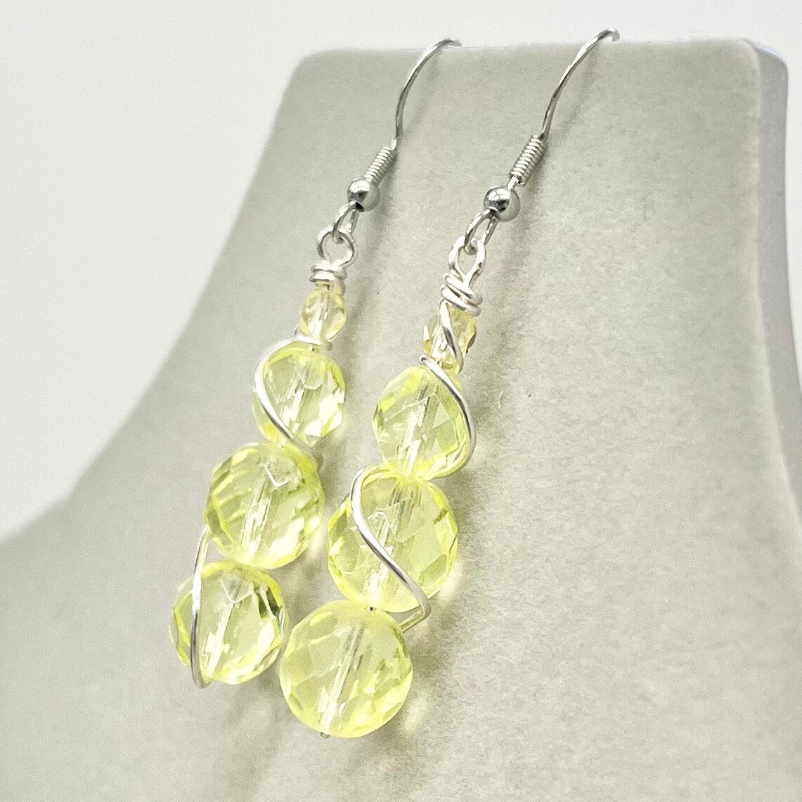 Vintage Yellow Uranium Glass Bead Drop Earrings Silver Plate UV Reactive Glow with Czech Firepolished Crystal Beads TheGreenGlassGemShop