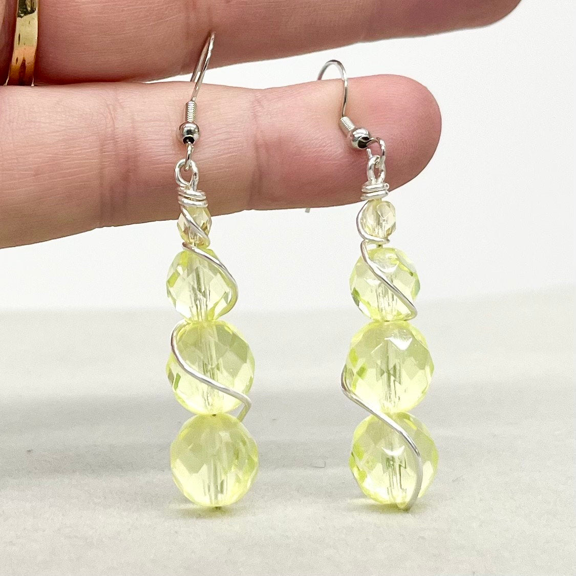 Vintage Yellow Uranium Glass Bead Drop Earrings Silver Plate UV Reactive Glow with Czech Firepolished Crystal Beads TheGreenGlassGemShop