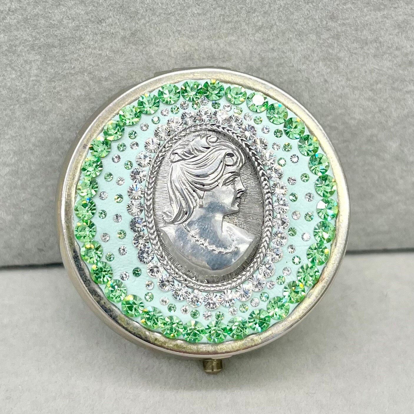 One of a Kind Cameo Pill Box with Vintage Green Uranium Swarovski Crystal Elements in a Silver Tone Setting UV Reactive Glow TheGreenGlassGemShop