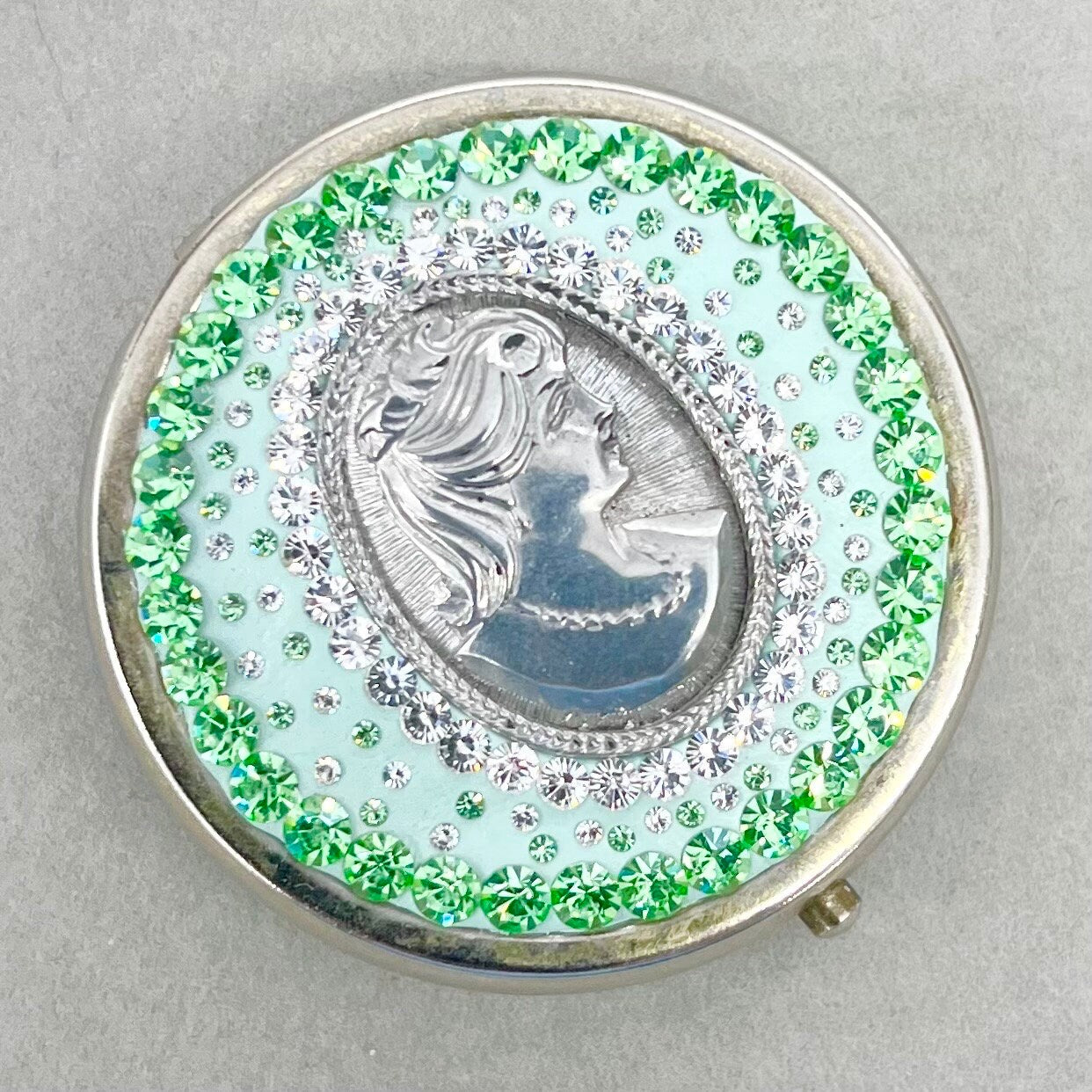 One of a Kind Cameo Pill Box with Vintage Green Uranium Swarovski Crystal Elements in a Silver Tone Setting UV Reactive Glow TheGreenGlassGemShop