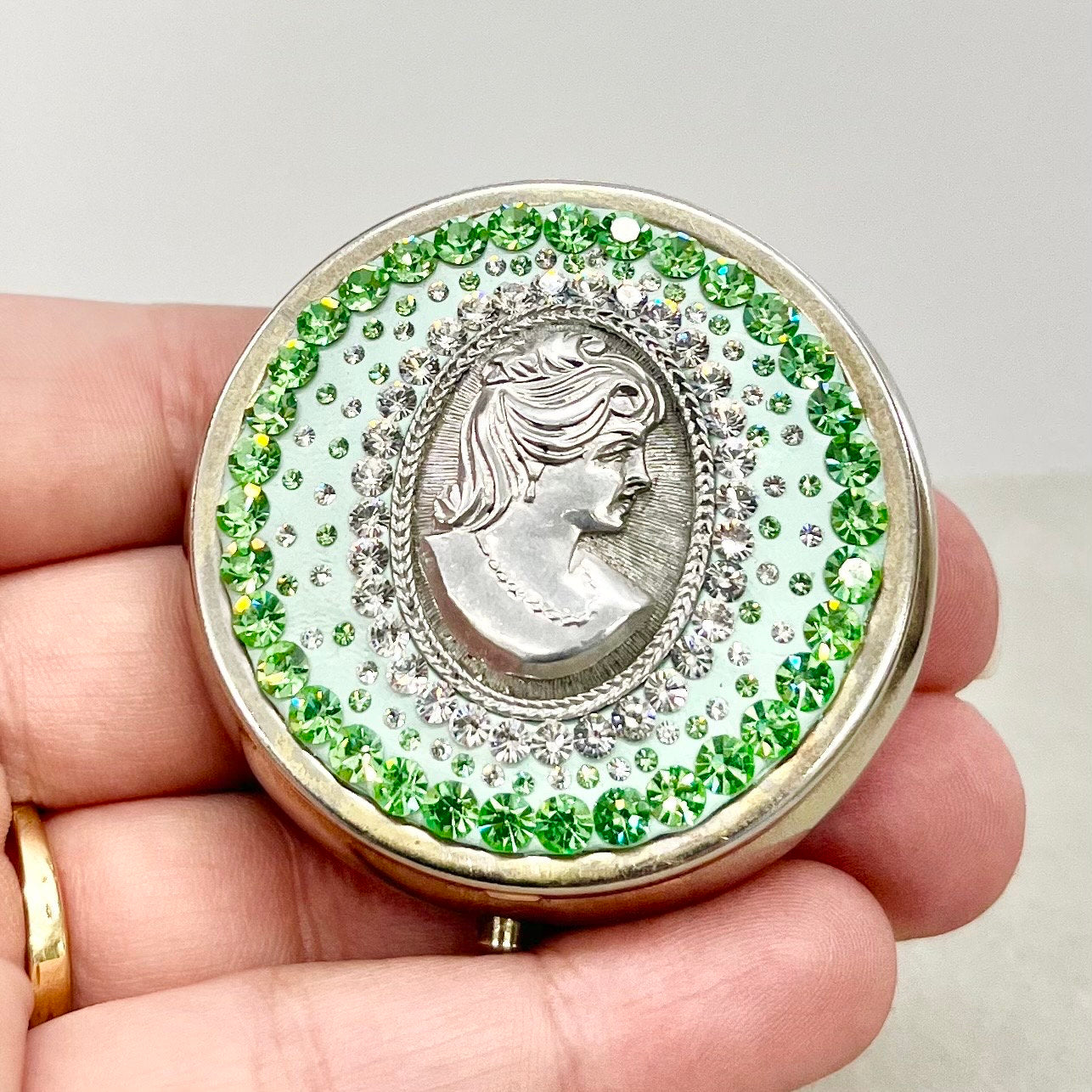 One of a Kind Cameo Pill Box with Vintage Green Uranium Swarovski Crystal Elements in a Silver Tone Setting UV Reactive Glow TheGreenGlassGemShop