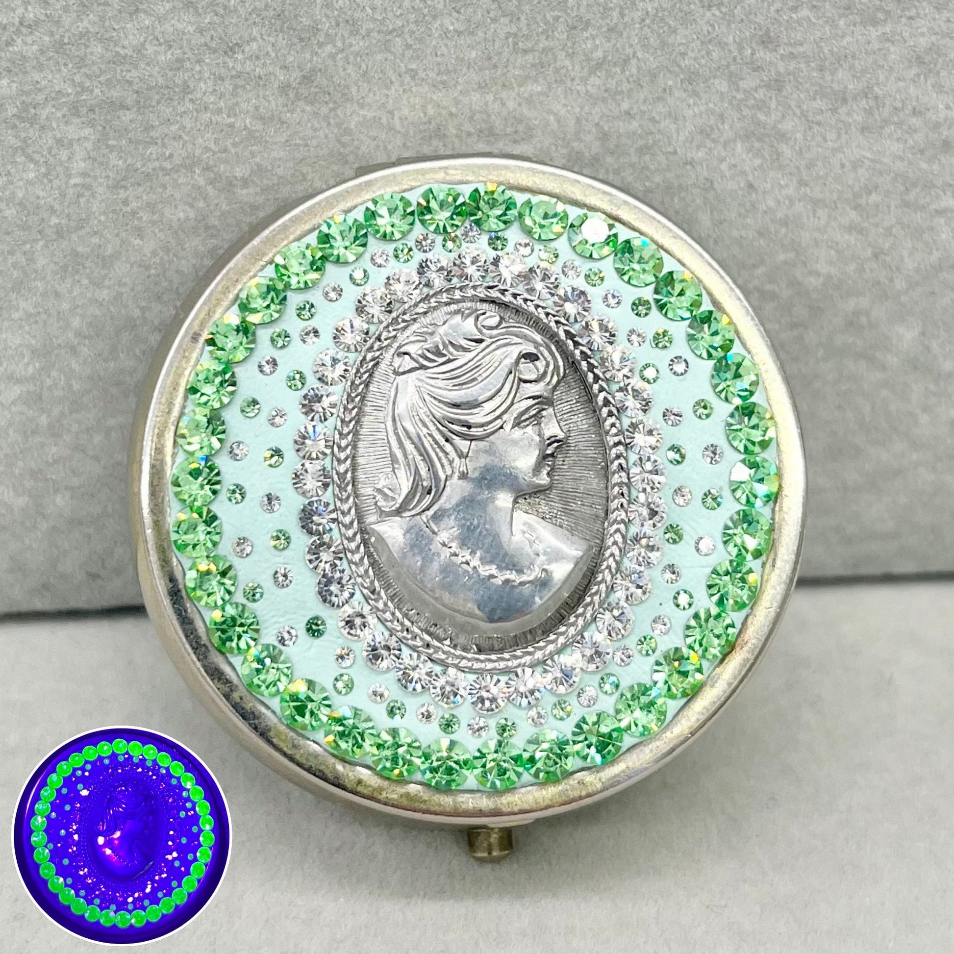 One of a Kind Cameo Pill Box with Vintage Green Uranium Swarovski Crystal Elements in a Silver Tone Setting UV Reactive Glow TheGreenGlassGemShop