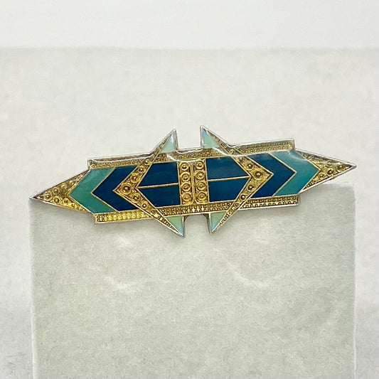 Vintage Pierre Bex Style Brooch Art Deco Design of Green Olive Teal & Enamel in a Gold Tone Setting TheGreenGlassGemShop