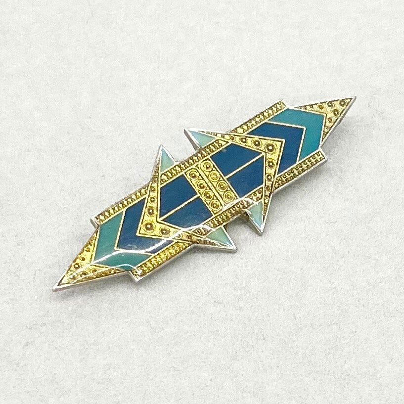 Vintage Pierre Bex Style Brooch Art Deco Design of Green Olive Teal & Enamel in a Gold Tone Setting TheGreenGlassGemShop