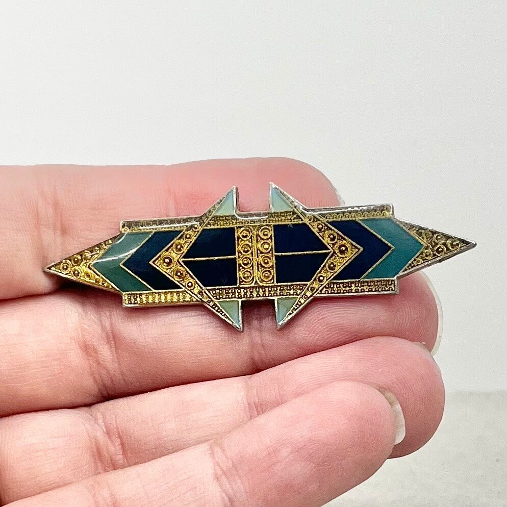 Vintage Pierre Bex Style Brooch Art Deco Design of Green Olive Teal & Enamel in a Gold Tone Setting TheGreenGlassGemShop