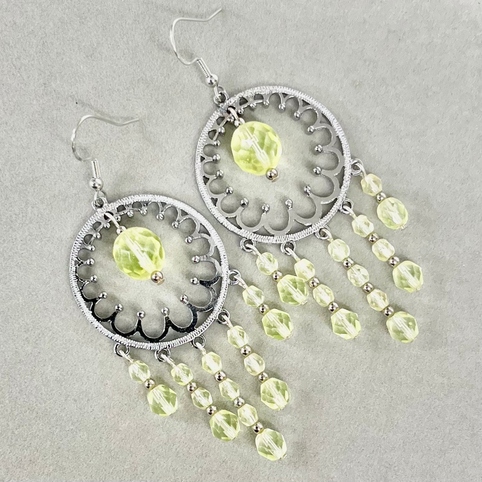 Statement Yellow Uranium Glass Bead Drop Earrings Circular Chandelier Style UV Reactive Glow with Czech Firepolished Crystal Beads TheGreenGlassGemShop