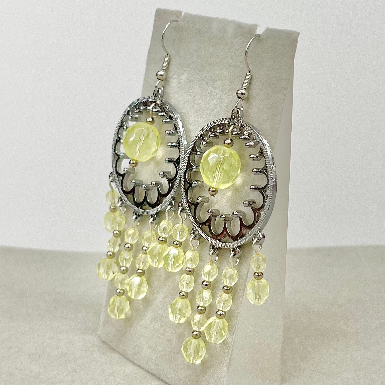 Statement Yellow Uranium Glass Bead Drop Earrings Circular Chandelier Style UV Reactive Glow with Czech Firepolished Crystal Beads TheGreenGlassGemShop