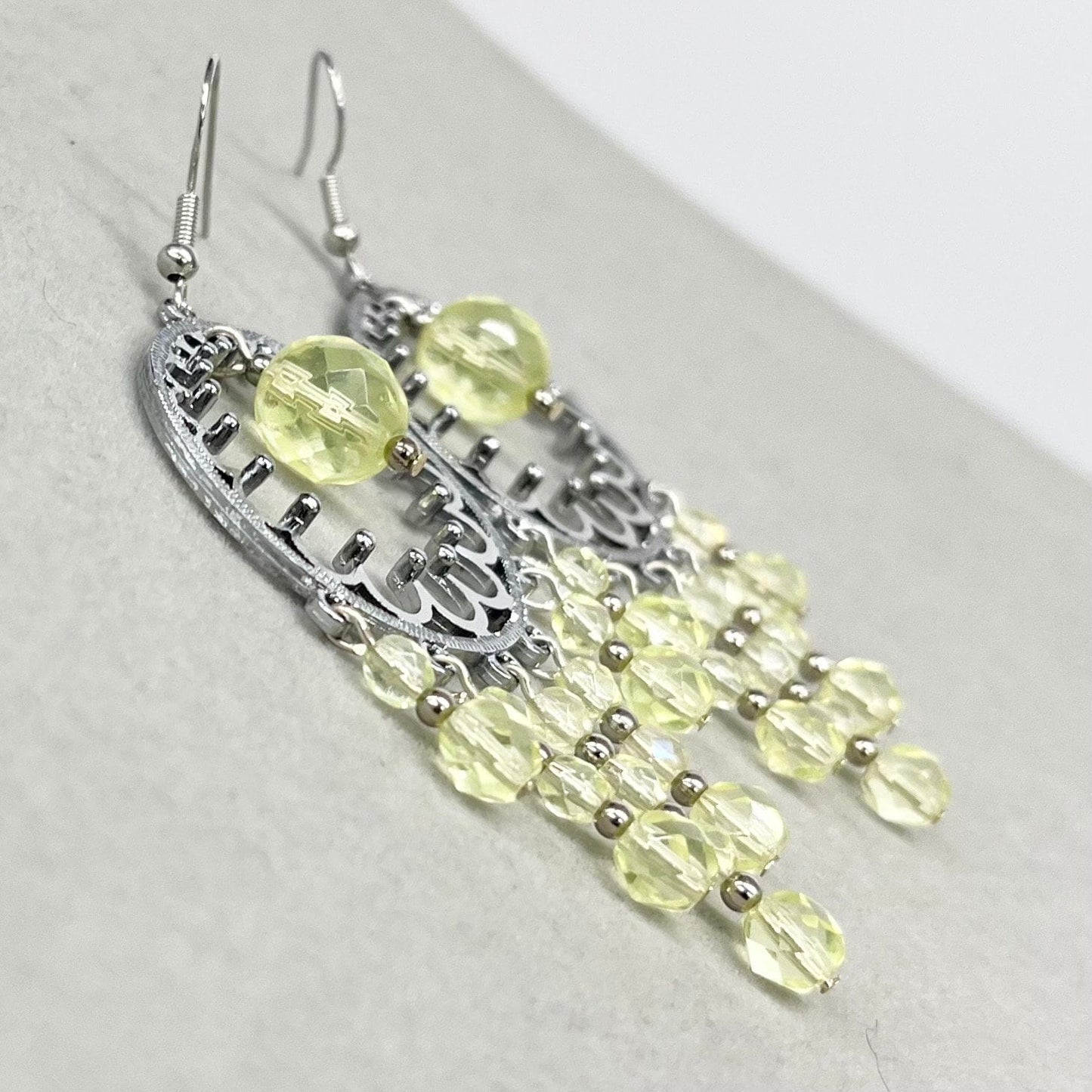 Statement Yellow Uranium Glass Bead Drop Earrings Circular Chandelier Style UV Reactive Glow with Czech Firepolished Crystal Beads TheGreenGlassGemShop