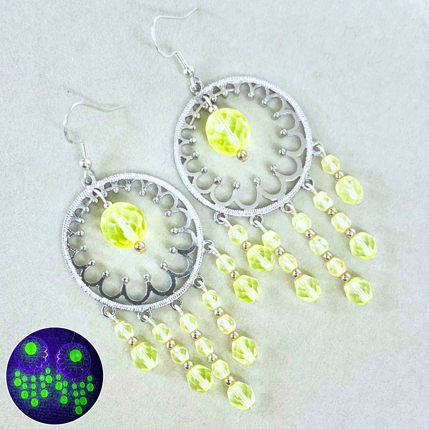 Statement Yellow Uranium Glass Bead Drop Earrings Circular Chandelier Style UV Reactive Glow with Czech Firepolished Crystal Beads TheGreenGlassGemShop