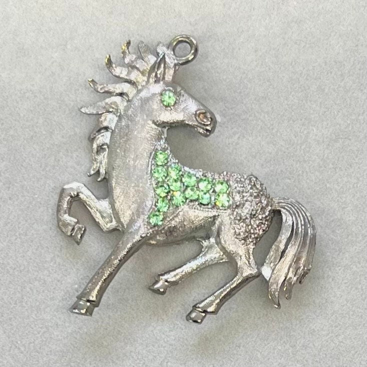 Vintage Horse Pendant with Green Vintage Uranium Swarovski Crystal Elements in a Pewter Tone Setting UV Reactive Glow TheGreenGlassGemShop