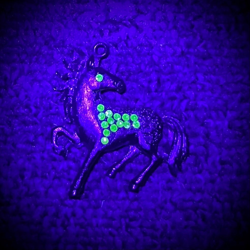 Vintage Horse Pendant with Green Vintage Uranium Swarovski Crystal Elements in a Pewter Tone Setting UV Reactive Glow TheGreenGlassGemShop