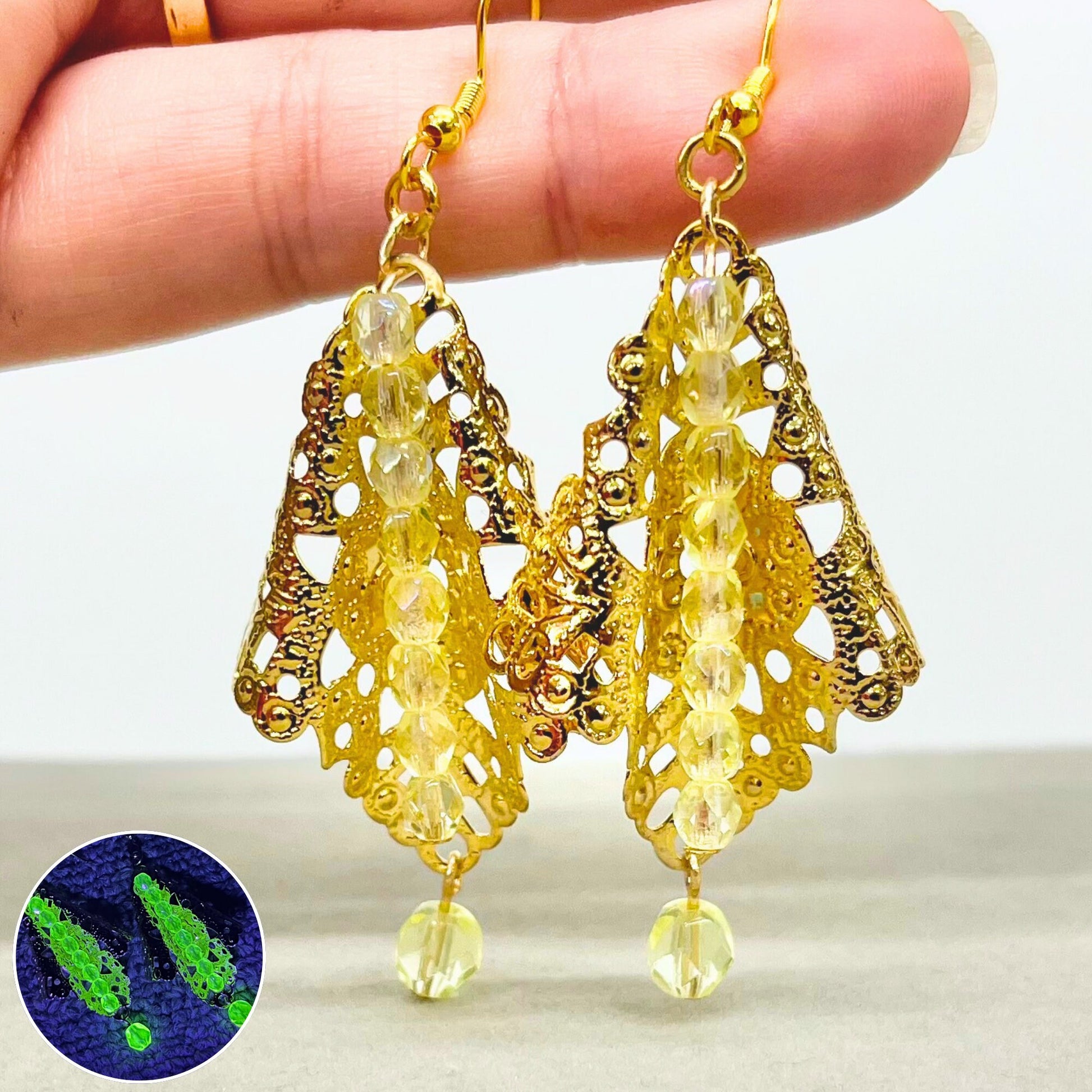 Vintage Brass Stamping Yellow Uranium Glass Bead Drop Earrings UV Reactive Glow with Czech Firepolished Crystal Beads TheGreenGlassGemShop