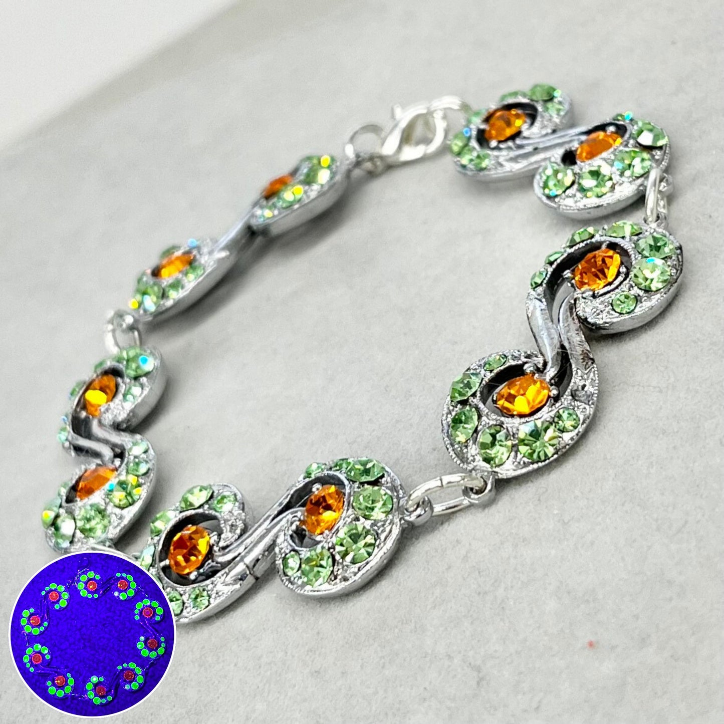 Unusual Green Uranium Glass Crystal Bracelet Silver Tone Metal With Cadmium Crystals UV Reactive Glow Jewellery TheGreenGlassGemShop